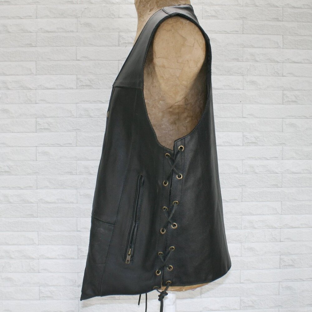 GENUINE LEATHER Vest Biker Moto Side Lace Up Streetwear Classic Men's Size 44 - Picture 9 of 16